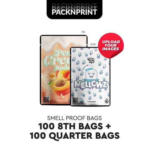 100 Custom Mylar Bags (3.5G) + 100 Custom Mylar Bags (1/4)