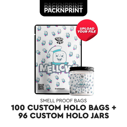 100 Custom Mylar Bags + 96 Custom Glass Jars (3.5G)