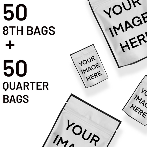 50 Custom Mylar Bags (3.5G) + 50 Custom Mylar Bags (1/4)
